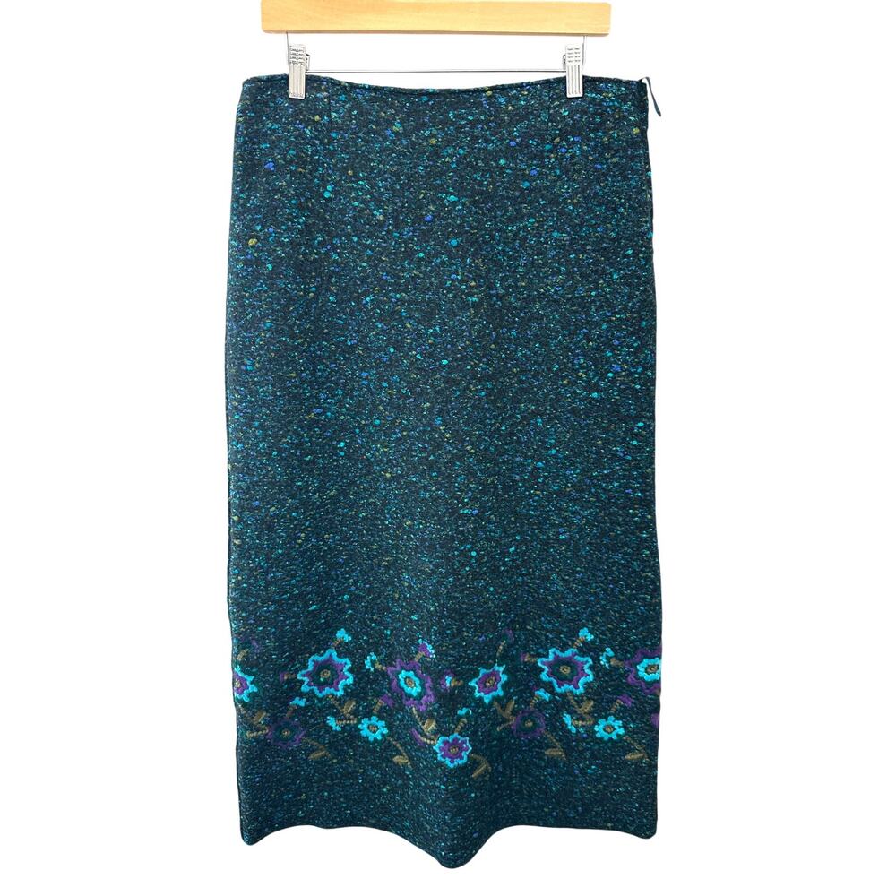 FINITY NATURALS Vintage Blue Wool Blend Tweed Maxi Skirt Embroidered Floral 10